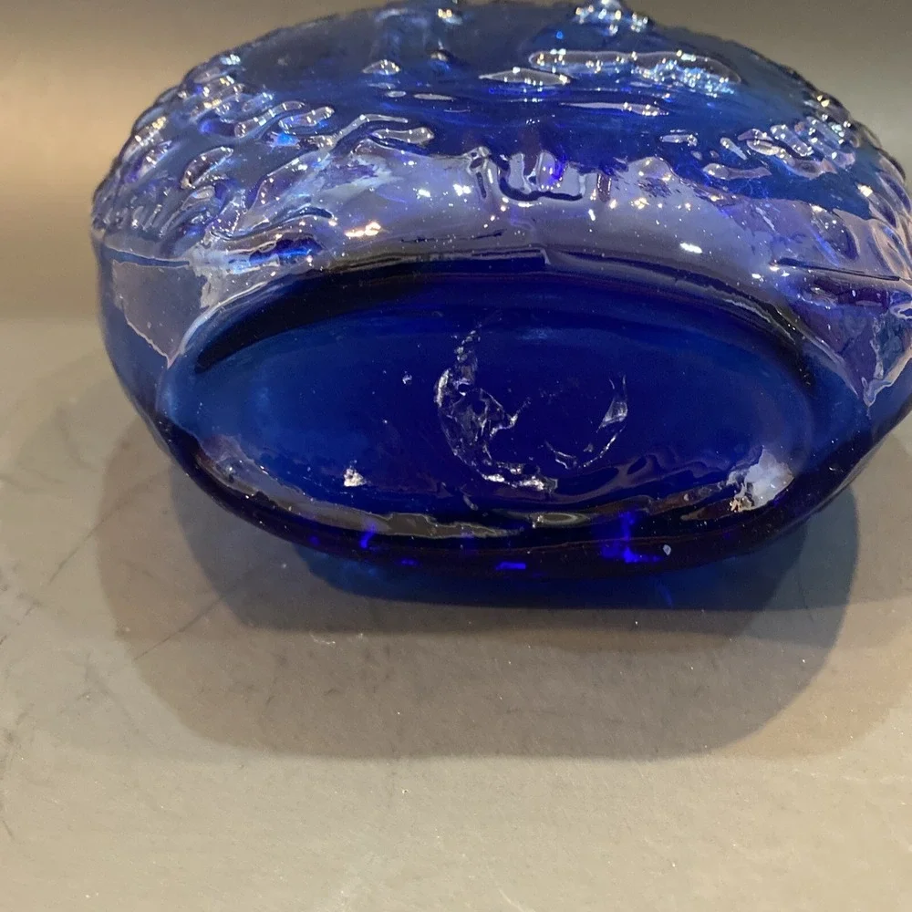 Vintage Hand Blown Cobalt Blue Raised Design Pitcher Vase Handled Jug 9.5